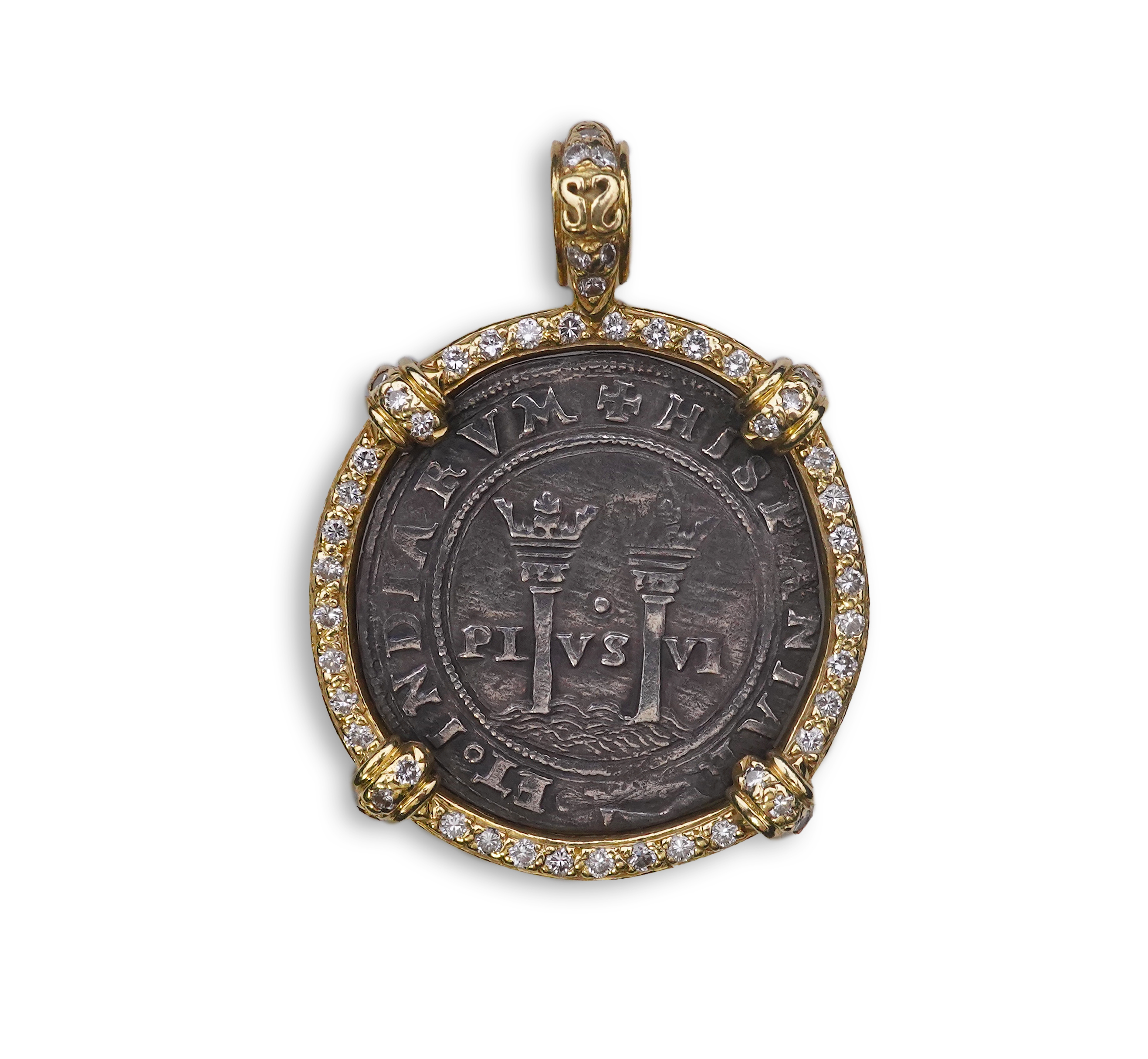 An unusual diamond and 16th century Mexican coin pendant